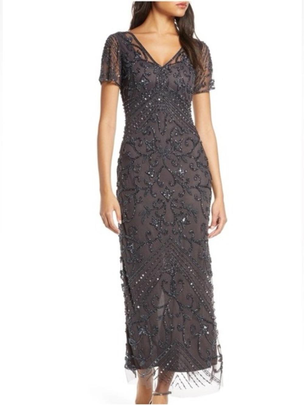 Pisarro Nights Beaded V-Neck Gown - Charcoal Gray
